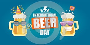 Happy international beer day horizonatal banner with cartoon funny beer glass friends characters with sunglasses