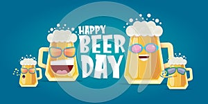 Happy international beer day horizonatal banner with cartoon funny beer glass friends characters with sunglasses