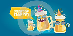 Happy international beer day horizonatal banner with cartoon funny beer glass friends characters with sunglasses