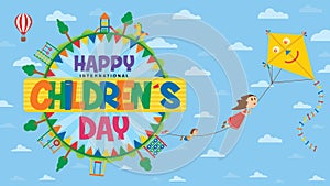 Happy International Children`s Day greeting card. Text inside a circle surrounded by playgrounds and trees where children fly