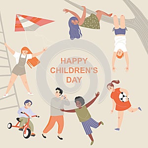 Happy International Children`s Day greeting illustration with cute cartoon characters playing and having fun