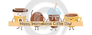 Happy International Coffee Day. Cute vector illustration with kawaii characters.