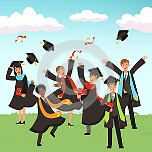 Happy international graduates with diplomas and graduation hats vector illustration