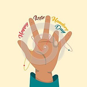 Happy International Left Handers Day - August, 13 - square banner template. Left palm, tagline between the fingers and planet-like