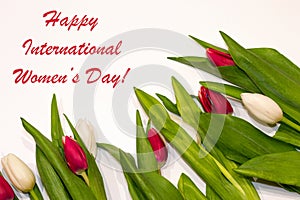 Happy international women's day background with red and white tulip flower frame. Best gift for woman on holiday. Spring