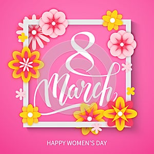 Happy International Women`s Day decorative postcard banner with beautiful spring flowers, 8 March, vector illustration