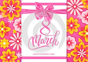 Happy International Women`s Day decorative postcard banner with beautiful spring flowers, 8 March, vector illustration