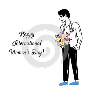 Happy international women\'s day greeting card. Beautiful man with pastel flowers bouquet in suit standing and making gift.