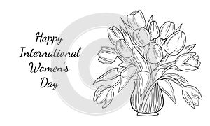Happy international women's day, 8 march. Beautiful bouquet with tulip flowers in glass vase on white background. Hand