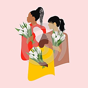 Happy International Women`s Day. Three modern women of different nationalities and religions in the style of flat design hold tuli