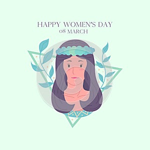 Happy international womens day poster. A beatiful long hair lady with floral leafs and flower surrounding her head.