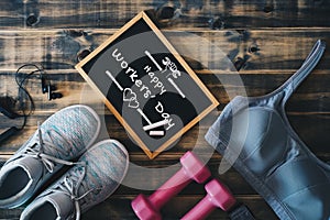 Happy International Workers` Day Fitness and healthy active lifestyle background concept. Training sneakers, dumbbells, sport bra