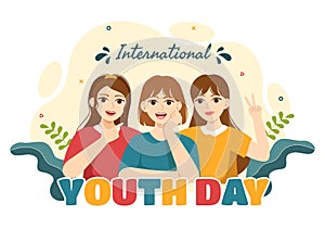 Happy International Youth Day Vector Illustration with Young Boys and Girls Togetherness in Flat Cartoon Hand Drawn