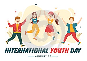 Happy International Youth Day Vector Illustration with Young Boys and Girls Togetherness in Flat Cartoon Hand Drawn