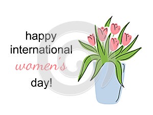 Happy internatonal women\'s day greeting card. Blue pot vase with pink tulip flowers bouquet with photo