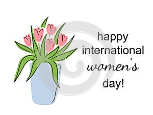 Happy internatonal women\'s day greeting card isolated. Blue pot vase with pink tulip flowers bouquet photo