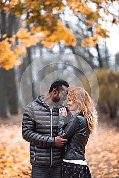 Happy Interracial couple posing in blurry autumn park background