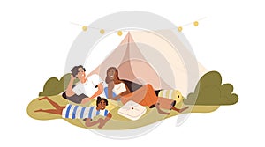Happy interracial family at camping on summer holidays. Parents and kid near tent, relaxing outdoors in nature. Mother