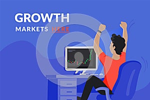 Happy investor sitting at his home workdesk and looking at computer screen with growing market graph