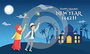 Happy islamic new year 1442 Hijriyah vector illustration.cartoon muslim kids holding torch celebrating islamic new year
