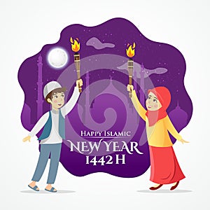 Happy islamic new year 1442 Hijriyah vector illustration. Cute cartoon muslim kids holding torch celebrating islamic new year