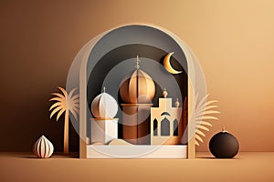 Happy Islamic new year. new lunar Hijri year, with crescent, gold podium, arabic lantern mosque, 1440. Creative photo