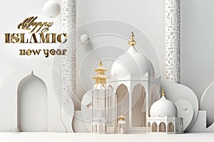Happy Islamic new year. new lunar Hijri year, with crescent, gold podium, arabic lantern mosque, 1440. Creative photo
