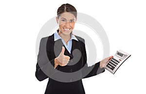 Happy isolated businesswoman showing pocket calculator.