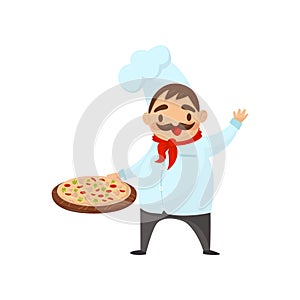 Happy Italian chef holding pizza and waving by hand. Professional restaurant worker. Flat vector icon of man in kitchen
