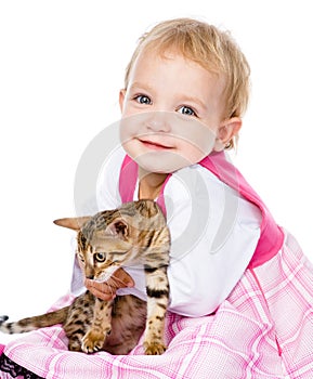 Happy ittle girl hugging kitten. isolated on white background