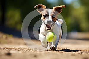 A happy Jack Russell terrier running after a tennis ball