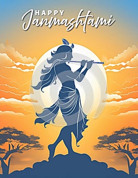Happy Janmashtami Banner Template. Traditional Poster Design for Hindu Festival Shree Krishna photo