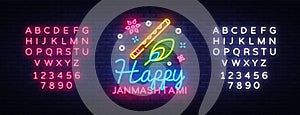 Happy Janmashtami greeting card neon vector design template. Neon sign, modern trend design for Indian festival. Dahi