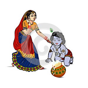 Happy Janmashtami Indian fest white background. Celebration of birth of Lord Krishna. Template for flyer, logo, banner, greeting