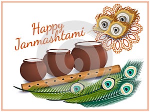 Happy Janmashtami. Indian festival. Dahi handi on Janmashtami, celebrating birth of Krishna. Vector illustration.