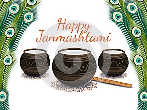 Happy Janmashtami. Indian festival. Dahi handi on Janmashtami, celebrating birth of Krishna. Vector illustration.