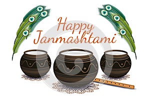 Happy Janmashtami. Indian festival. Dahi handi on Janmashtami, celebrating birth of Krishna. Vector illustration.