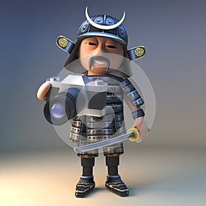 Happy Japanese samurai warrior with katana sword takes a photo with his new camera, 3d illustration