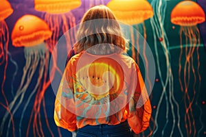 a happy jellyfish girl in an orange shirt, created with Generative AI technology