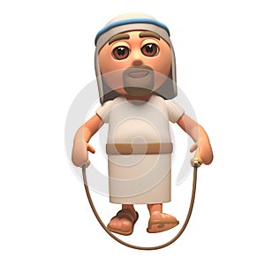 Happy Jesus Christ is skipping with a skipping rope, 3d illustration