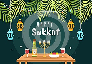 Happy Jewish Holiday Sukkot Hand Drawn Cartoon Flat Illustration with Sukkah, Etrog, Lulav, Arava, Hadas and Decoration Background