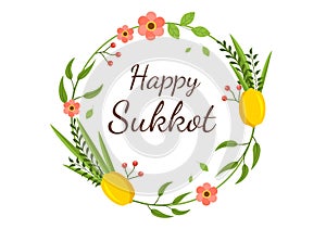Happy Jewish Holiday Sukkot Hand Drawn Cartoon Flat Illustration with Sukkah, Etrog, Lulav, Arava, Hadas and Decoration Background