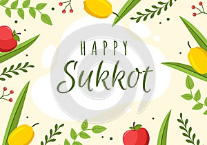 Happy Jewish Holiday Sukkot Hand Drawn Cartoon Flat Illustration with Sukkah, Etrog, Lulav, Arava, Hadas and Decoration Background