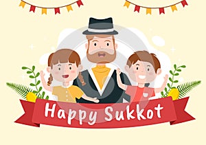 Happy Jewish Holiday Sukkot Hand Drawn Cartoon Flat Illustration with Sukkah, Etrog, Lulav, Arava, Hadas and Decoration Background