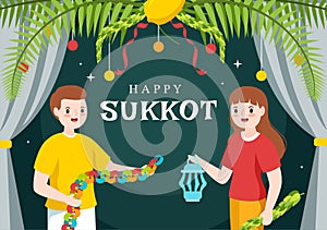 Happy Jewish Holiday Sukkot Hand Drawn Cartoon Flat Illustration with Sukkah, Etrog, Lulav, Arava, Hadas and Decoration Background