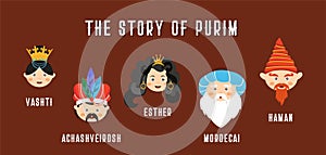 Happy Jewish new year Purim in Hebrew and English. the story of Purim. with traditional characters. banner template