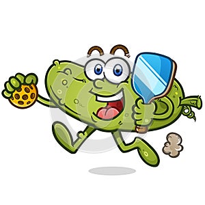 Happy jogging pickle cartoon holding a pickleball paddle and ball
