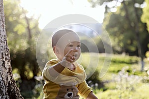 Happy joyful Asia Chinese little boy toddler child enjoy Spring have fun outside embrace nature outdoor carefree childhood meadow