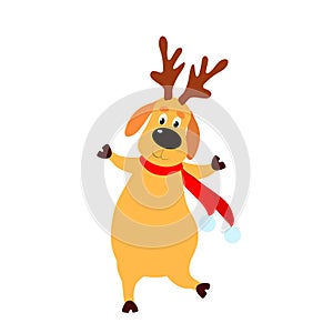 A happy and joyful Christmas deer is dancing or running. Cartoon character on a white isolated background. Vector stock