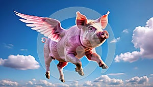 A happy and joyful flying pig in a summer blue sky. Wow..